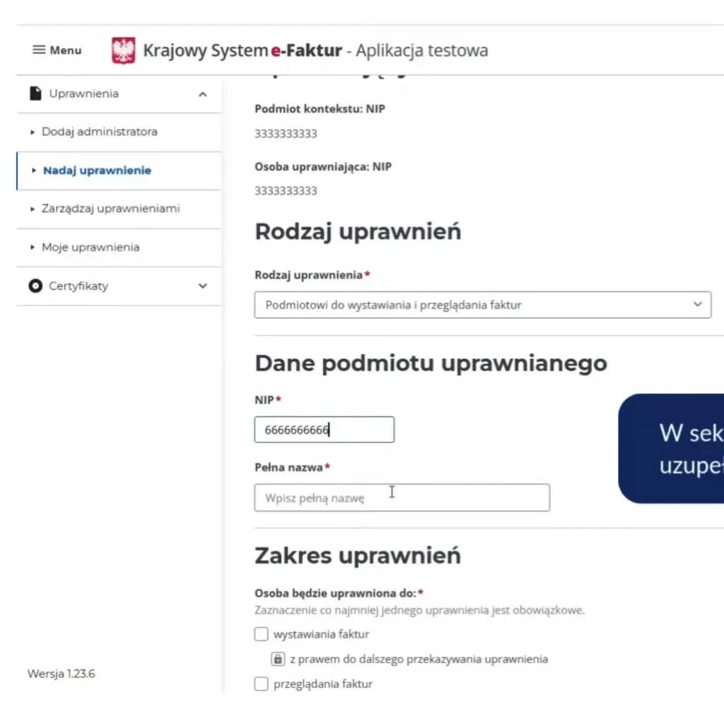 Форма з полями NIP та назви компанії